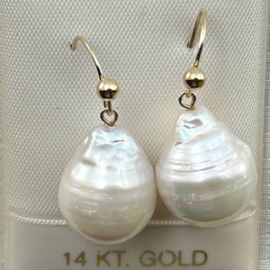 Solid 14k Yellow Gold Fish Hook Baroque White Pearl Dangle Earrings