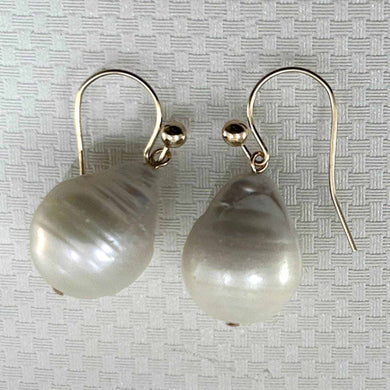 Solid 14k Yellow Gold Fish Hook Baroque White Pearl Dangle Earrings