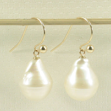 Solid 14k Yellow Gold Fish Hook Baroque White Pearl Dangle Earrings