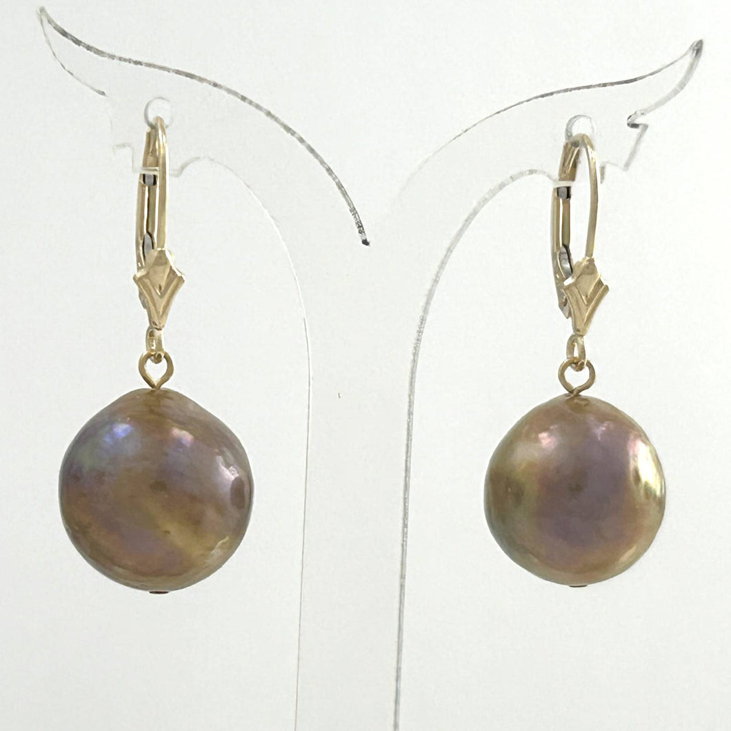Solid 14k Yellow Gold Leverback Baroque Lavender Pearl Dangle Earrings (Petite)