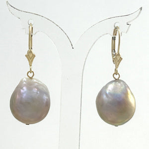 Solid 14k Yellow Gold Leverback Baroque Lavender Pearl Dangle Earrings