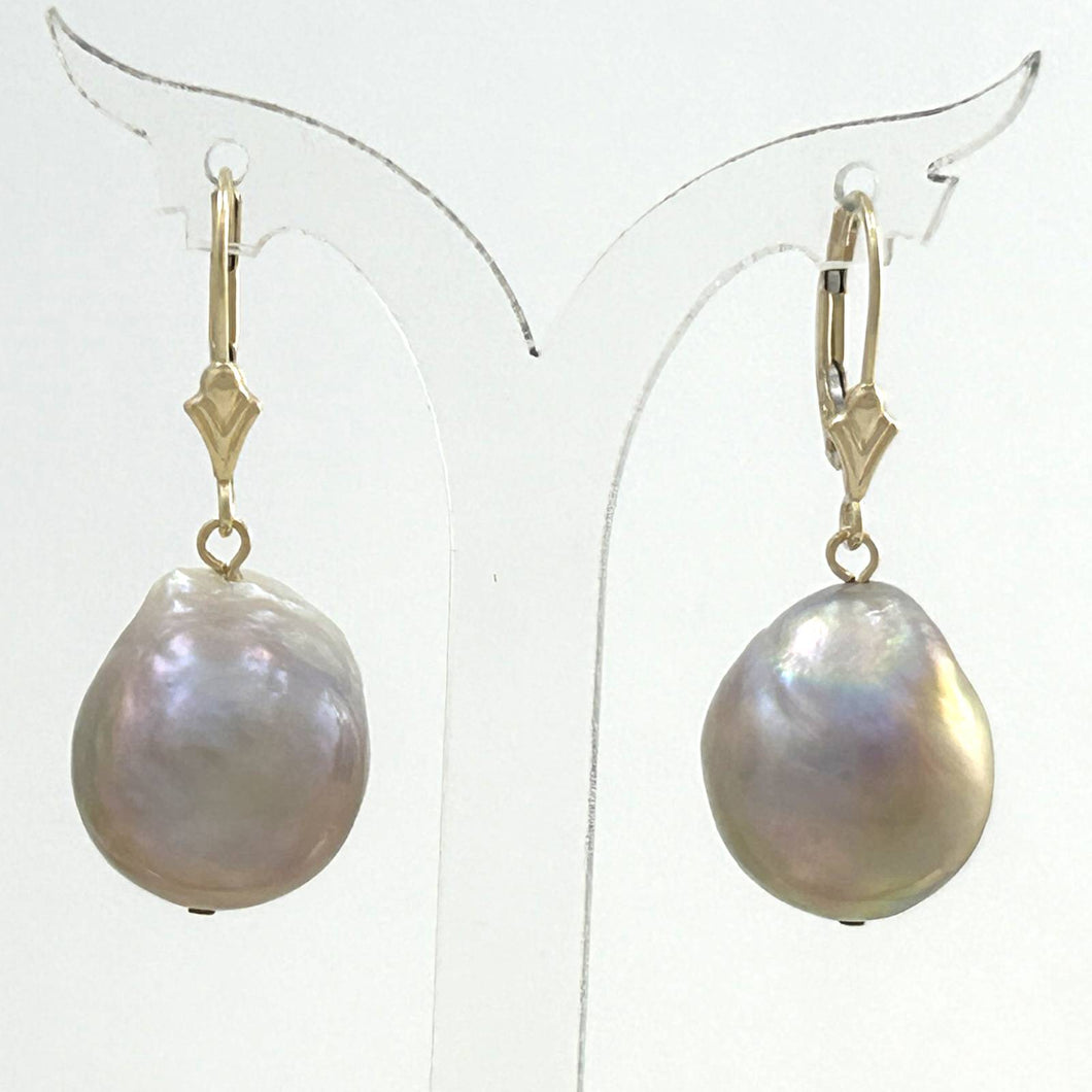 Solid 14k Yellow Gold Leverback Baroque Lavender Pearl Dangle Earrings