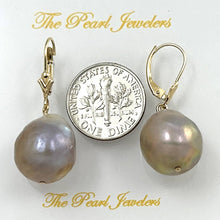 Load image into Gallery viewer, Solid 14k Yellow Gold Leverback Baroque Lavender Pearl Dangle Earrings