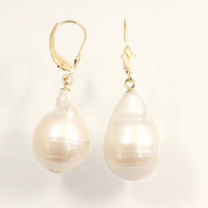 Solid 14k Yellow Gold Leverback Baroque White Pearl Dangle Earrings