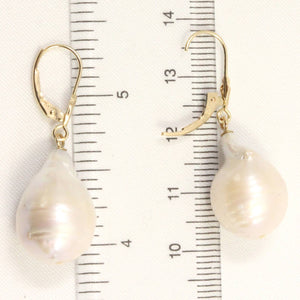 Solid 14k Yellow Gold Leverback Baroque White Pearl Dangle Earrings