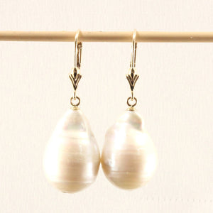 Solid 14k Yellow Gold Leverback Baroque White Pearl Dangle Earrings