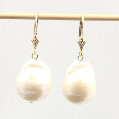 Solid 14k Yellow Gold Leverback Baroque White Pearl Dangle Earrings (Larger)