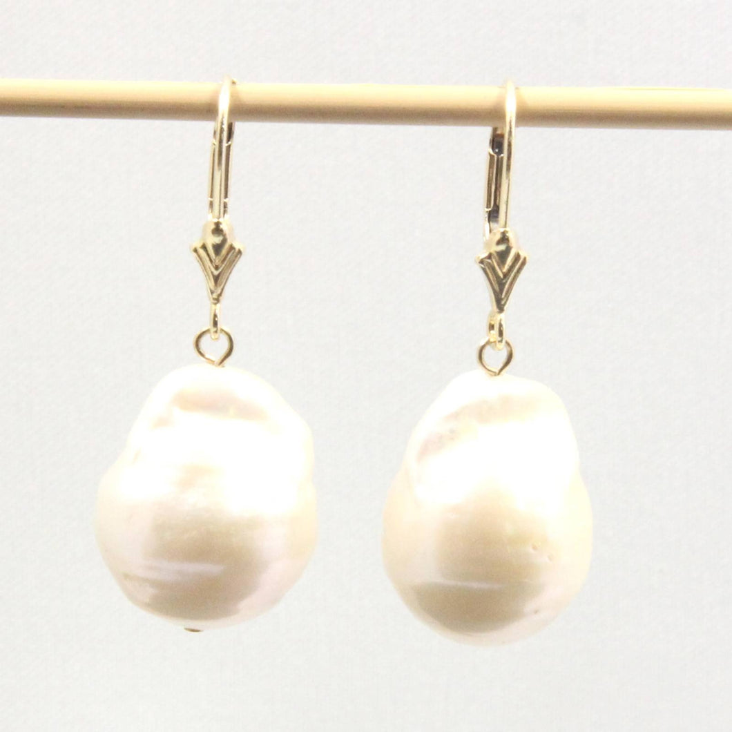 Solid 14k Yellow Gold Leverback Baroque White Pearl Dangle Earrings (Larger)