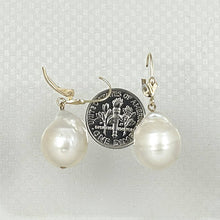 Load image into Gallery viewer, Solid 14k Yellow Gold Leverback Baroque White Pearl Dangle Earrings
