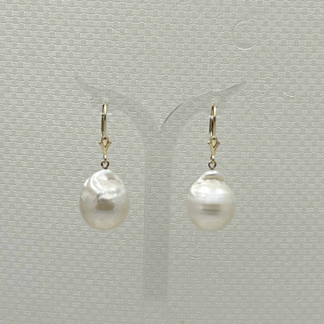 Solid 14k Yellow Gold Leverback Baroque White Pearl Dangle Earrings