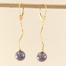Load image into Gallery viewer, Solid 14k Yellow Gold Leverback Black Pearl Dangle Earrings