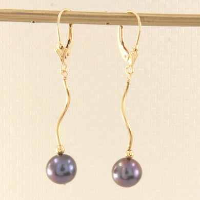 Solid 14k Yellow Gold Leverback Black Pearl Dangle Earrings