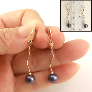Solid 14k Yellow Gold Leverback Black Pearl Dangle Earrings