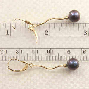 Solid 14k Yellow Gold Leverback Black Pearl Dangle Earrings