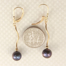 Load image into Gallery viewer, Solid 14k Yellow Gold Leverback Black Pearl Dangle Earrings