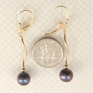 Solid 14k Yellow Gold Leverback Black Pearl Dangle Earrings