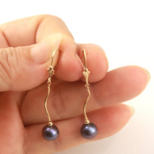 Load image into Gallery viewer, Solid 14k Yellow Gold Leverback Black Pearl Dangle Earrings