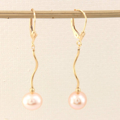 Solid 14k Yellow Gold Leverback Pink Pearl Dangle Earrings
