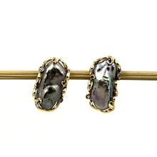Load image into Gallery viewer, Solid 14k Yellow Gold Omega Clip Diamond &amp; Black Biwa Pearl Earrings