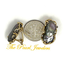 Load image into Gallery viewer, Solid 14k Yellow Gold Omega Clip Diamond &amp; Black Biwa Pearl Earrings