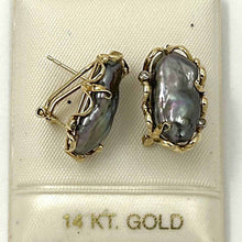 Load image into Gallery viewer, Solid 14k Yellow Gold Omega Clip Diamond &amp; Black Biwa Pearl Earrings
