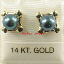 Load image into Gallery viewer, Solid 14k Yellow Gold Square Four Hearts Black Cultured Pearl Stud Earrings