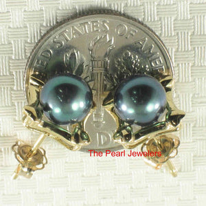 Solid 14k Yellow Gold Square Four Hearts Black Cultured Pearl Stud Earrings