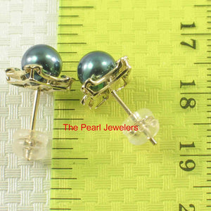 Solid 14k Yellow Gold Square Four Hearts Black Cultured Pearl Stud Earrings