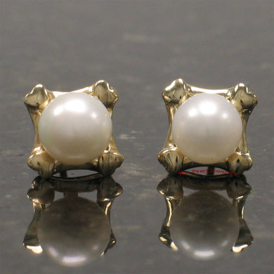 Solid 14k Yellow Gold Square Four Hearts White Cultured Pearl Stud Earrings