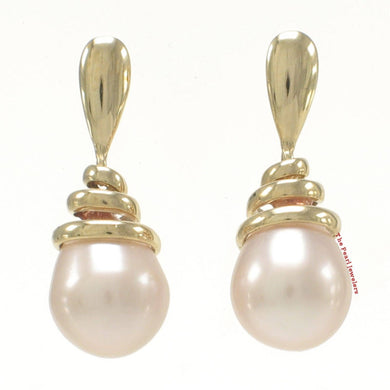 Solid 14k Yellow Gold Swirl-Top Design Peach Cultured Pearl Dangle Earrings