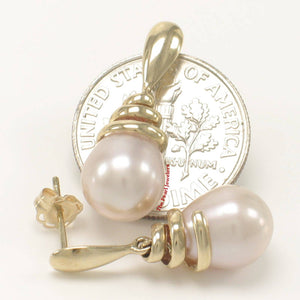 Solid 14k Yellow Gold Swirl-Top Design Peach Cultured Pearl Dangle Earrings