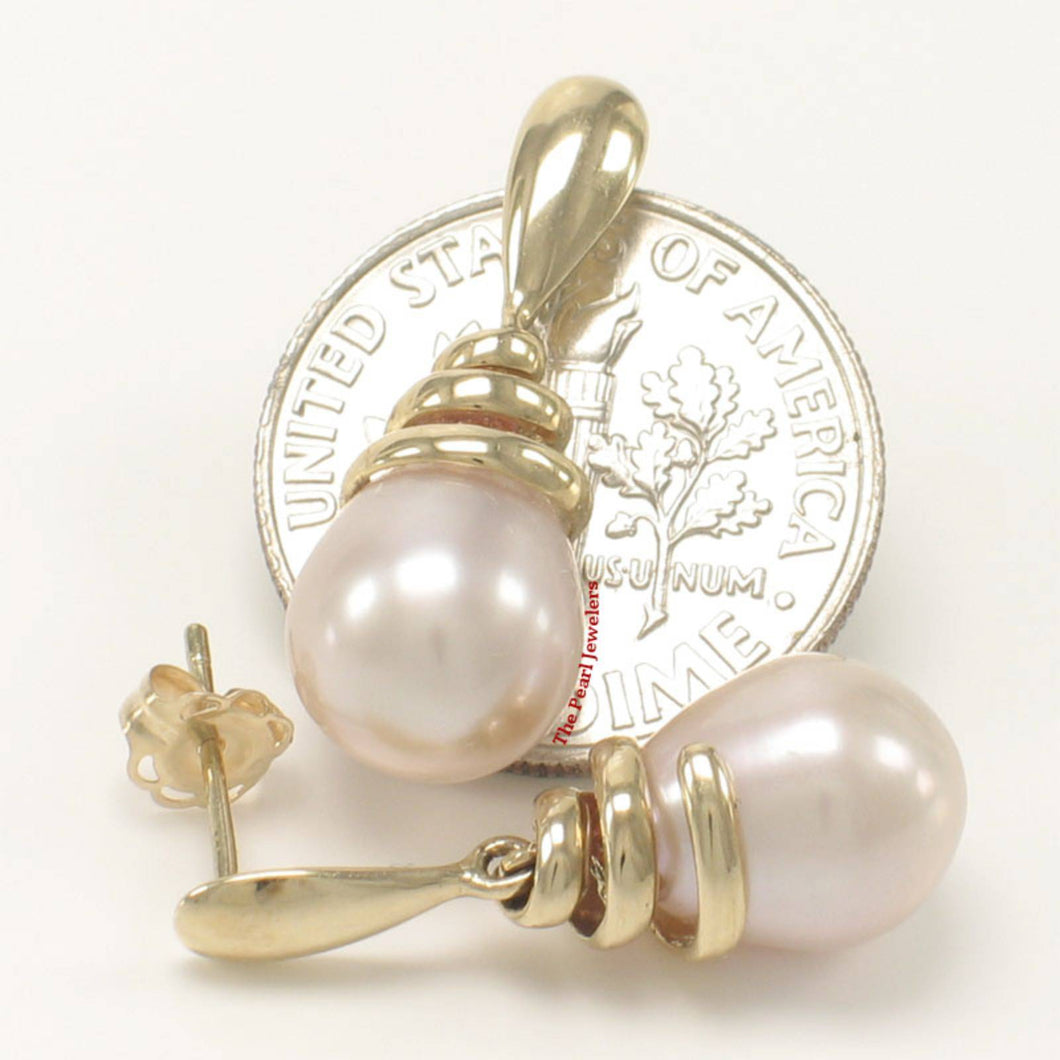 Solid 14k Yellow Gold Swirl-Top Design Peach Cultured Pearl Dangle Earrings