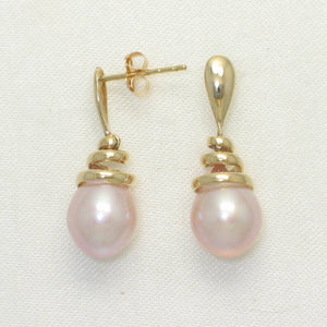 Solid 14k Yellow Gold Swirl-Top Design Peach Cultured Pearl Dangle Earrings