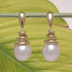Solid 14k Yellow Gold Swirl-Top Design Peach Cultured Pearl Dangle Earrings