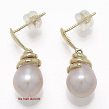 Load image into Gallery viewer, Solid 14k Yellow Gold Swirl-Top Design Peach Cultured Pearl Dangle Earrings