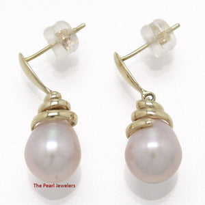 Solid 14k Yellow Gold Swirl-Top Design Peach Cultured Pearl Dangle Earrings