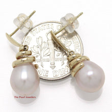 Load image into Gallery viewer, Solid 14k Yellow Gold Swirl-Top Design Peach Cultured Pearl Dangle Earrings