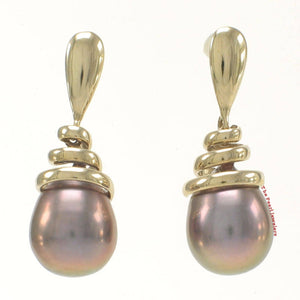 Solid 14k Yellow Gold Water-Flow Design Eggplant Gray Pearl Dangle-Stud Earrings