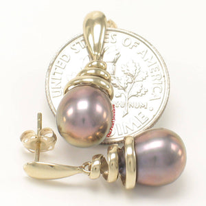 Solid 14k Yellow Gold Water-Flow Design Eggplant Gray Pearl Dangle-Stud Earrings