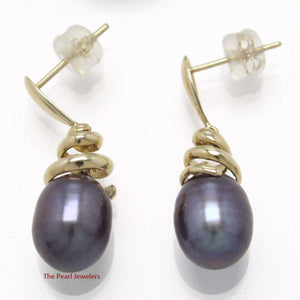 Solid 14k Yellow Gold Water-Flow Design Eggplant Gray Pearl Dangle-Stud Earrings