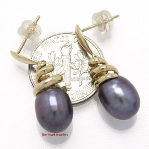 Solid 14k Yellow Gold Water-Flow Design Eggplant Gray Pearl Dangle-Stud Earrings
