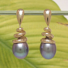 Load image into Gallery viewer, Solid 14k Yellow Gold Water-Flow Design Eggplant Gray Pearl Dangle-Stud Earrings