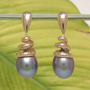 Solid 14k Yellow Gold Water-Flow Design Eggplant Gray Pearl Dangle-Stud Earrings