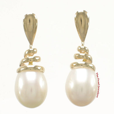 Solid 14k Yellow Gold Water-Flow Design White Pearl Dangle-Stud Earrings