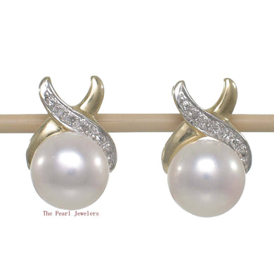 Solid 14k Yellow Gold X-Design Diamond & White Cultured Pearl Stud Earrings