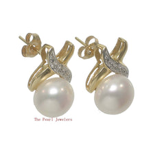 Load image into Gallery viewer, Solid 14k Yellow Gold X-Design Diamond &amp; White Cultured Pearl Stud Earrings