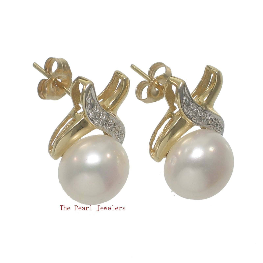 Solid 14k Yellow Gold Diamond & Cultured Pearl Post Earrings