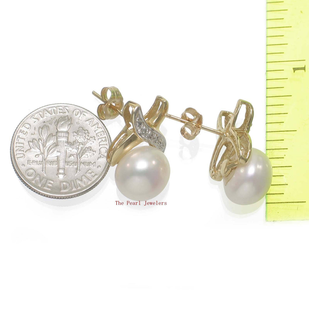 Solid 14k Yellow Gold X-Design Diamond & White Cultured Pearl Stud Earrings