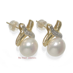 Solid 14k Yellow Gold X-Design Diamond & White Cultured Pearl Stud Earrings