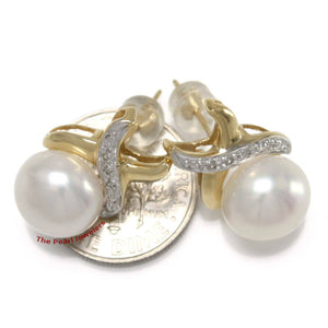 Solid 14k Yellow Gold X-Design Diamond & White Cultured Pearl Stud Earrings